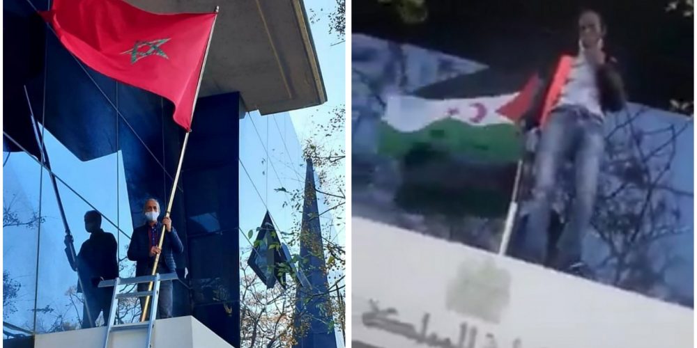 أحد أفراد عصابات مرتزقة البوليساريو يعبث بالعلم الوطني بقنصلية المغرب بفالنسيا