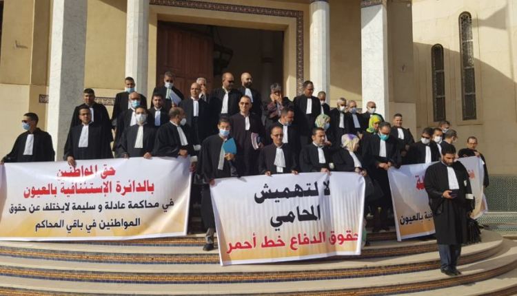 محامو مدينتي العيون والداخلة يحتجون ببذلاتهم المهنية ويقاطعون جلسات المحاكم