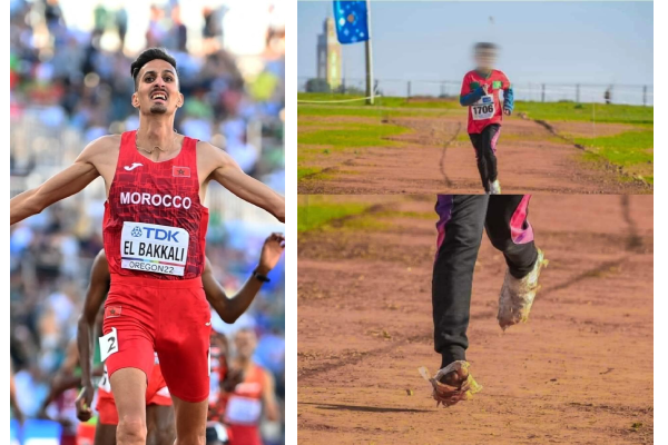 البطل العالمي والأولمبي سفيان البقالي يتفاعل مع الطفل الذي شارك في البطولة الوطنية للعدو الريفي المدرسي بدون حذاء