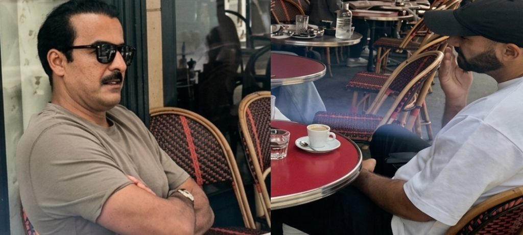 لقاء عفوي بين الشيخ تميم بن حمد آل ثاني أمير دولة قطر ووليد الركراكي في أحد مقاهي باريس